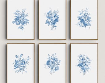 May include: Six framed floral art prints. Each print features a blue botanical illustration on a white background. The frames are a warm brown color. The text "WALL DECO PRINT SHOP" is at the bottom.