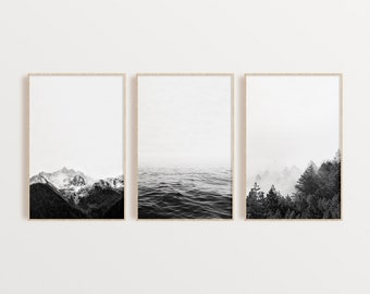 Set of 3 Black and White Nature Prints, Set of 3 Wall Art, Landscape Print, Mountain Wall Art, Ocean Print, Forest Poster, Nordic Poster