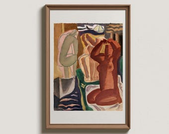 Impression d'art abstraite femmes, peinture féminine colorée vintage, décoration murale imprimable éclectique, dessin figuratif vintage, art mural maximaliste