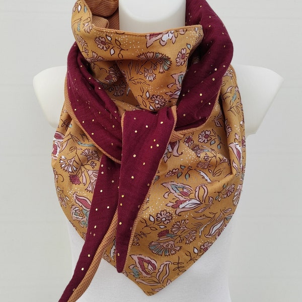 chèche femme en coton "blé" camel et prune et double gaze , doublure maille nid d'abeille, foulard triangle,chale,foulard,idée cadeau femme