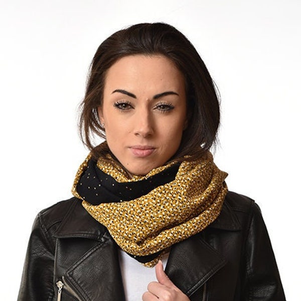 Trendy dames snood, dubbele kraag, buis sjaal, sjaal, vloeistof, nekband, dubbel gaas, viscose, bloemen, zwart, mosterd, cadeau vrouw