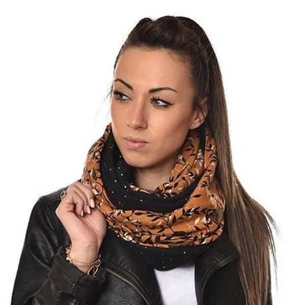 Snood femme tendance , double col,écharpe tube,foulard,fluide,tour de cou,double gaze, viscose, nature , noir, ocre , idée cadeau femme