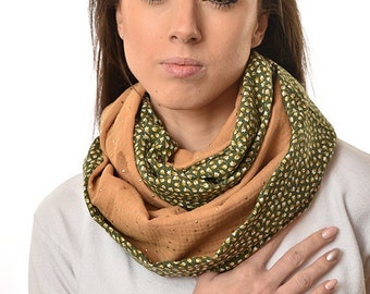 Snood femme tendance , double col,écharpe tube,foulard,fluide,tour de cou,double gaze, viscose, fleurs, Kaki, Camel, cadeau femme