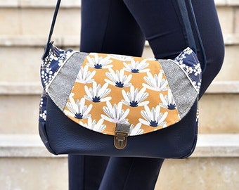 women's handbag, messenger bag, shoulder bag, faux leather, cotton, flowers, satchel attachment, navy blue, steel, mustard, Japanese