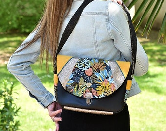 Women's handbag in black faux leather and tropical garden fabric, messenger bag, shoulder bag, handmade bag, satchel attachment, gift idea