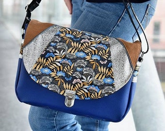 Sac à main femme,sac besace,Sac bandoulière ,sac fait main, simili cuir,tissu floral ,suedine,attache cartable,bleu roi, camel,argent