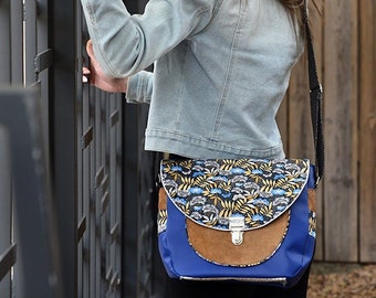 Bolso de mujer, bolso bandolera grande "nagoya" en piel sintética azul, ante camel, bolso hecho a mano, idea de regalo para mujer