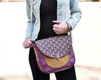 Women's handbag, large "papyrus" shoulder bag in plum faux leather, camel suede, handmade bag, women's gift idea