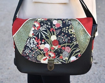 Sac à main femme,sac besace,Sac bandoulière,sac fait main,simili cuir,tissu jardin japonais, attache cartable,noir, kaki, rouge,zen