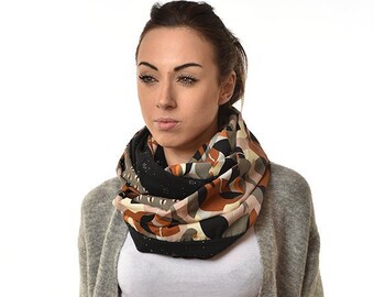 Snood femme tendance , double col,écharpe tube,foulard,fluide,tour de cou,double gaze, viscose, oiseau,camel,gris ,noir, cadeau femme