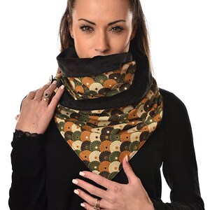 Hot scarf woman, rectangular button cheche, warm collar, neck cover, Japanese umbrella cotton and black minky fleece, gift idea woman