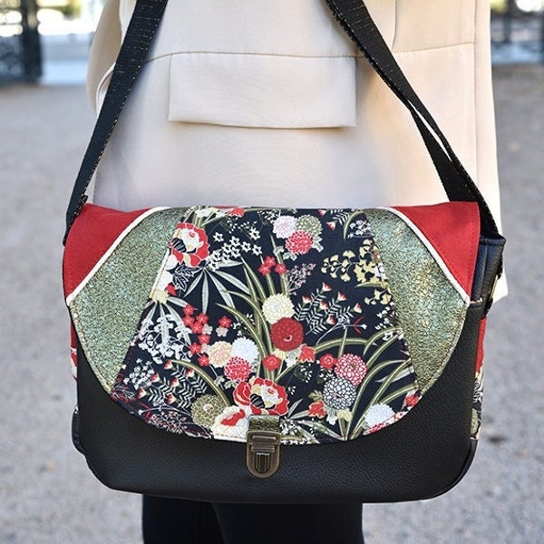 Women's handbag, messenger bag, shoulder bag, handmade bag, imitation leather, Japanese garden fabric, satchel attachment, black, khaki, red, zen