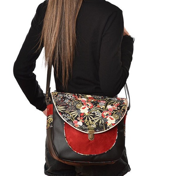 Bolso de mujer, bolso grande de jardín japonés "zen" en piel sintética negra, ante rojo, bolso hecho a mano, idea de regalo para mujer