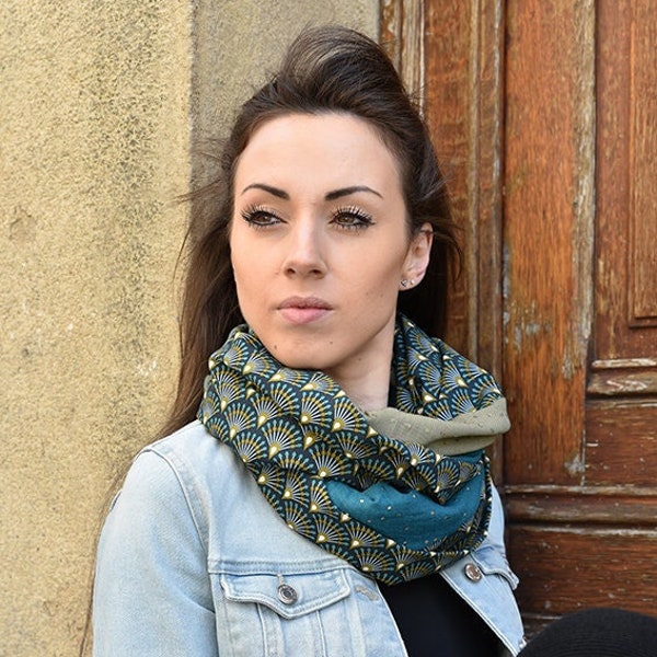 Snood femme tendance , echarpe tube,foulard,fluide, tour de cou,double gaze , viscose,art déco,eventails,kaki, bleu , cadeau femme