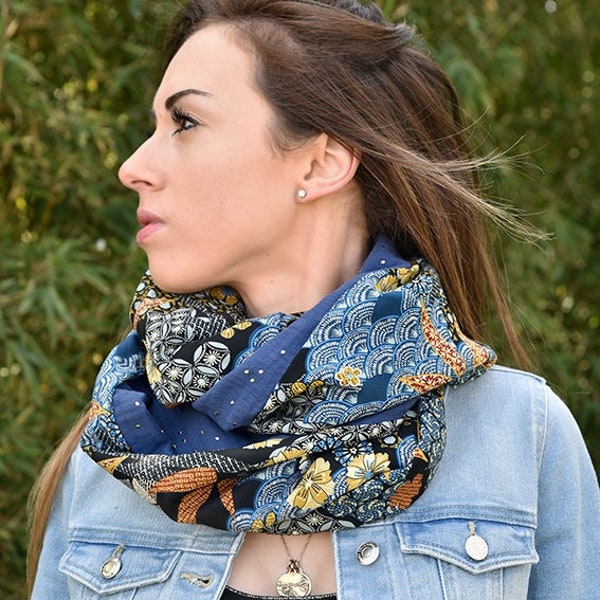 Snood femme tendance , double col,écharpe tube,foulard,fluide,tour de cou, en viscose et double gaze bleu,collection JAPON,cadeau femme