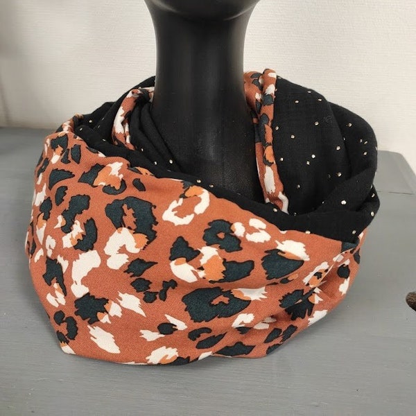 Snood femme tendance , double col,écharpe tube,foulard,fluide,tour de cou,double gaze, viscose, leopard , noir, or, terracotta, cadeau femme