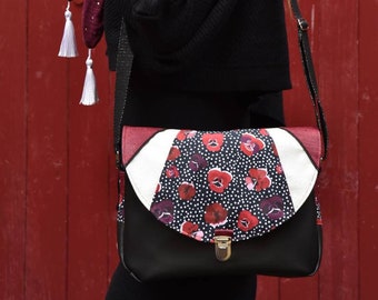 Women's handbag, messenger bag, shoulder bag, handmade bag, faux leather, flower fabric, satchel attachment, black, white, burgundy, women's gift