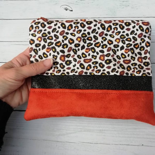 Pochette zippée tendance, accessoire de sac,trousse maquillage,brique,noir, coton,leopard