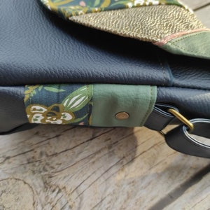 women's shoulder handbag, messenger bag, faux leather, cotton, flowers, satchel attachment, navy blue, green, beige, women's gift, floral collection image 5