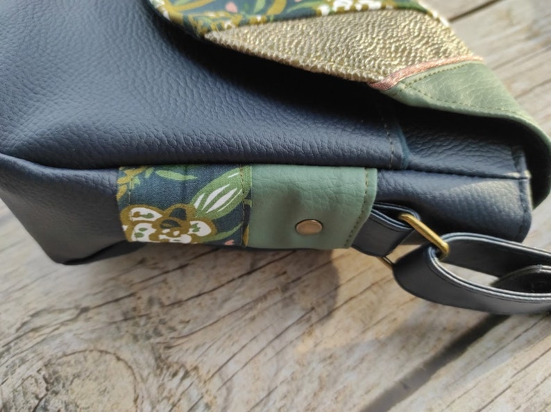 women's shoulder handbag, messenger bag, faux leather, cotton, flowers, satchel attachment, navy blue, green, beige, women's gift, floral collection image 5