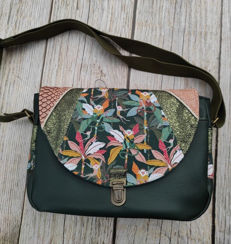 women's shoulder handbag, messenger bag, imitation leather, cotton, monkeys, jungle, satchel attachment, green, pink, women's gift, MONKEYS collection image 2