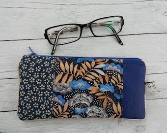 Étui à lunettes zippée, petite trousse plate molletonné, etui femme, idée cadeau, collection Nagoya, bleu