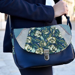 women's shoulder handbag, messenger bag, faux leather, cotton, flowers, satchel attachment, navy blue, green, beige, women's gift, floral collection image 1