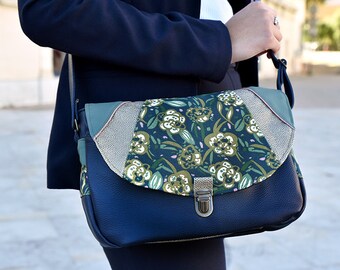 women's shoulder handbag, messenger bag, faux leather, cotton, flowers, satchel attachment, navy blue, green, beige, women's gift, floral collection