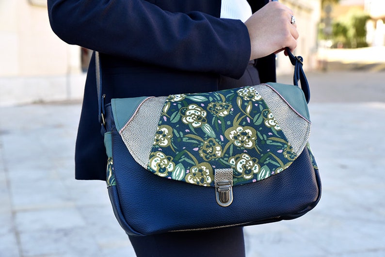 women's shoulder handbag, messenger bag, faux leather, cotton, flowers, satchel attachment, navy blue, green, beige, women's gift, floral collection image 1