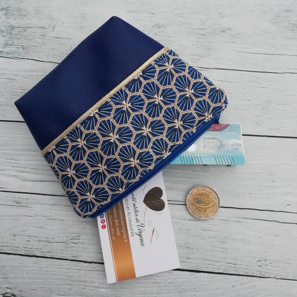 Porte monnaie en simili cuir et coton , petite pochette, trousse zippée, thème riad , bleu , doré , idée cadeau