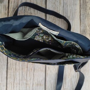 women's shoulder handbag, messenger bag, faux leather, cotton, flowers, satchel attachment, navy blue, green, beige, women's gift, floral collection image 8