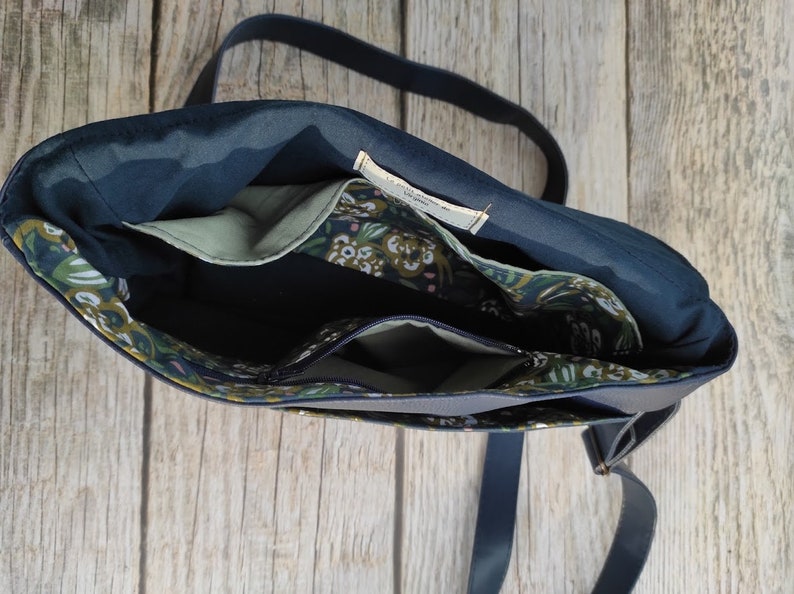 women's shoulder handbag, messenger bag, faux leather, cotton, flowers, satchel attachment, navy blue, green, beige, women's gift, floral collection image 8