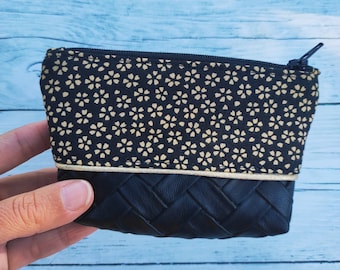 Wallet, small pouch, zipped kit, black, gold, Japanese flowers, MYOSOTIS collection, women's gift