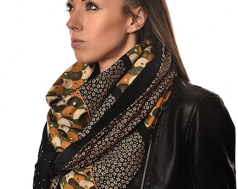 Women's warm scarf with cotton umbrellas, double gauze and fleece, triangle scarf, scarf, shawl, black, forget-me-not, fleece mustard, Women's gift