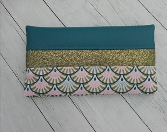 Porte chéquier,protège chequier, etui chèque, housse, simili cuir ,bleu,kaki , coton éventails , idée cadeau