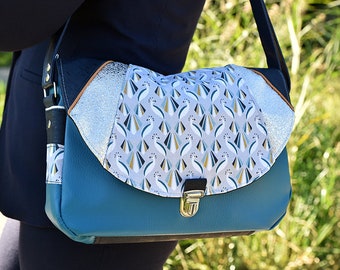 women's shoulder handbag, messenger bag, faux leather, cotton, peacock, graphics, satchel attachment, gray, blue, women's gift, PAON collection
