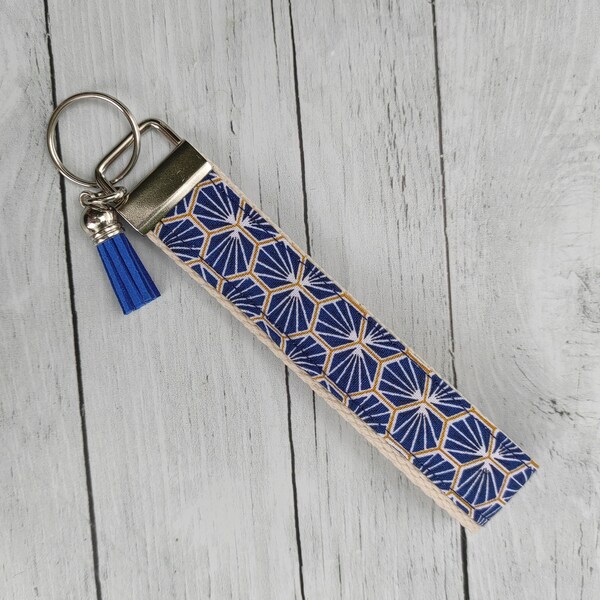 Porte clés dragonne, porte clés bracelet,porte clé tendance en sangle coton et tissu graphique bleu, idée cadeau