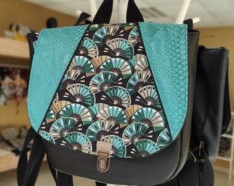 Sac à dos femme en simili cuir et tissu,sac tendance,sac pratique et leger,noir ,blanc,turquoise, eventails, idee cadeau femme