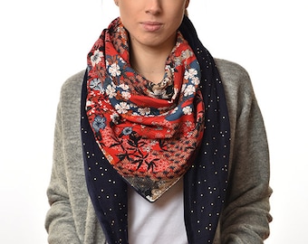 Chèche femme chaud, foulard triangle, écharpe, châle, chèche en viscose et double gaze, Japon, rouge, polaire, cadeau Femme