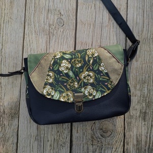 women's shoulder handbag, messenger bag, faux leather, cotton, flowers, satchel attachment, navy blue, green, beige, women's gift, floral collection image 4