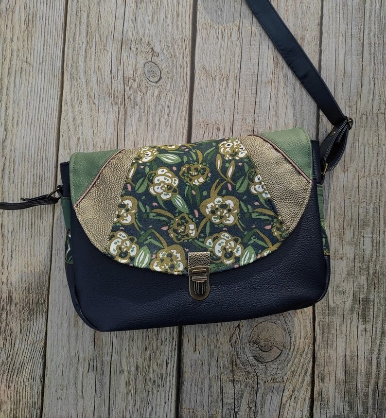 women's shoulder handbag, messenger bag, faux leather, cotton, flowers, satchel attachment, navy blue, green, beige, women's gift, floral collection image 4