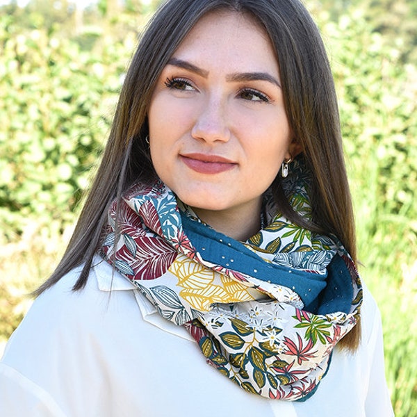 Snood donna alla moda, doppio colletto, sciarpa tubo, sciarpa, fluido, collo, doppia garza, viscosa, fogliame, blu pavone, regalo donna