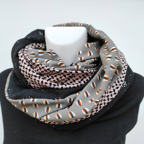 Trendy dames snood, dubbele kraag, buis sjaal, sjaal, vloeistof, nekband, dubbel gaas, viscose, grafisch, grijs, roze, zwart, cadeau vrouw