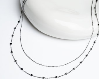 Black Stainless Steel Double Layered Chain Necklace, Custom Length Made Hypo Allergenic Dainty Necklace