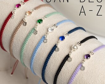 Initial Birthstone Macrame Knotted Bracelet with Fully Adjustable Closure, 925 Sterling Silver Charms Customized Bracelet Personalized Gift
