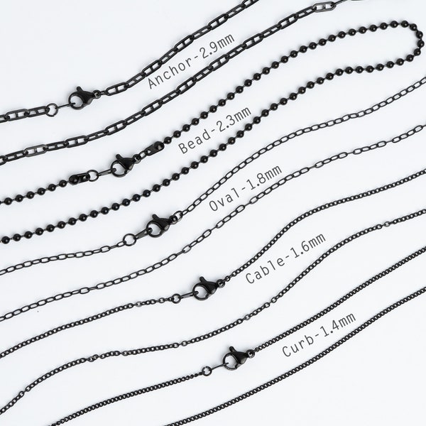 Black Stainless Steel Chain Necklace, 10"-30" Length Custom Made Finished Chains, Hypo Allergenic for Men, Women, Dainty Fashion Necklaces