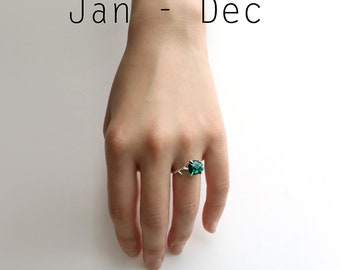 Dainty Birthstone Ring, 925 Sterling Silver JAN - DEC Crystal Gemstone Prong Set Solitaire Ring, Birthstone Jewelry Ring Gift