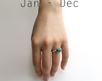 Dainty Birthstone Ring, 925 Sterling Silver JAN - DEC Crystal Gemstone Prong Set Solitaire Ring, Birthstone Jewelry Ring Gift