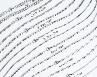 Stainless Steel Chain Necklace, 10"-30" Length Custom Made Finished Chains, Hypo Allergenic for Men, Women, Dainty Fashion Necklaces