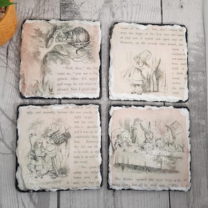 Alice in Wonderland Slate Coasters Set: Decoupage Book Lover Gift